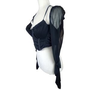 XXL Goth Bustier Crop Top Sheer Ruched Sleeves Whimsy Gothic Black Plus Size